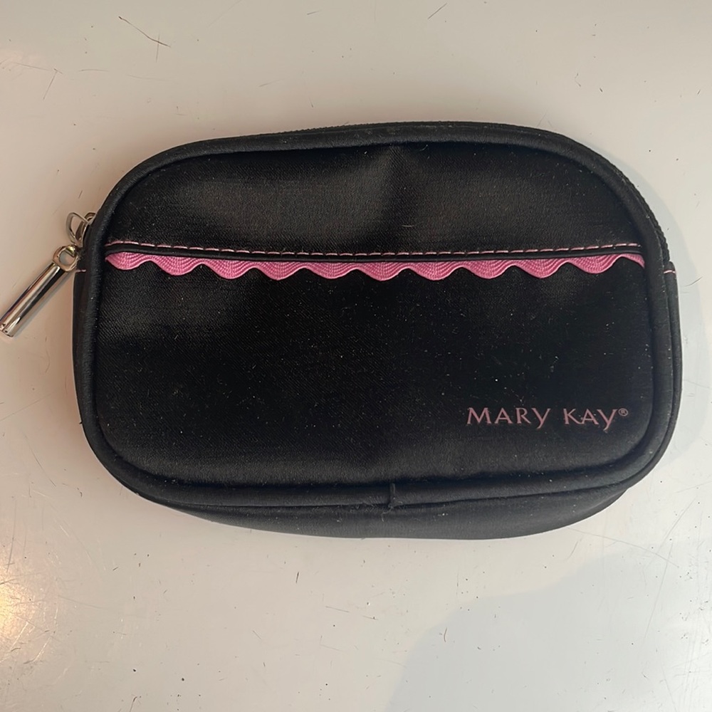 Vintage Mary Kay black cosmetic bag pink Rick rack zipper Make up case larger sz